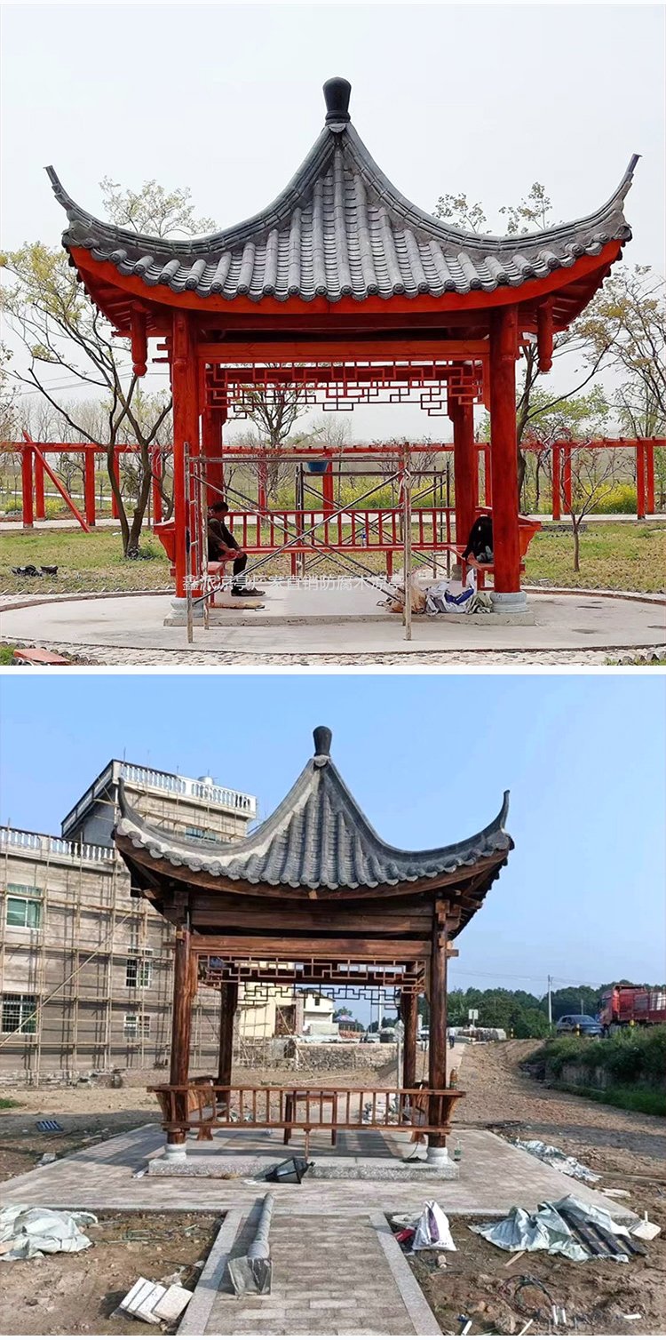 四角凉亭小青瓦与防腐木 园林古建工程的经典之美